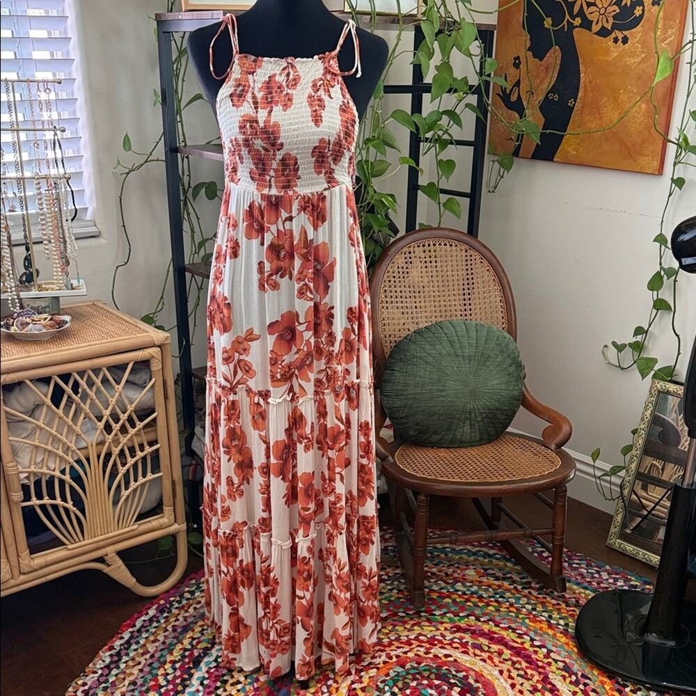 Intimately Free People Orange Combo Garden Shoulder Tie Boho Floral Maxi Dress